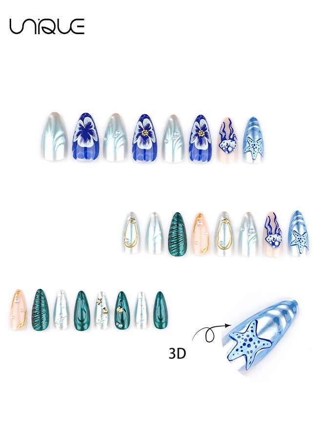 يونيك 24 قطعة أظافر مزيفة - اضغط على الأظافر - مانيكير اللوز الطويل - مانيكير نجم البحر قنديل البحر - 3D البحرية سلسلة فن الأظافر - رقعة الأظافر وهمية - Image 2