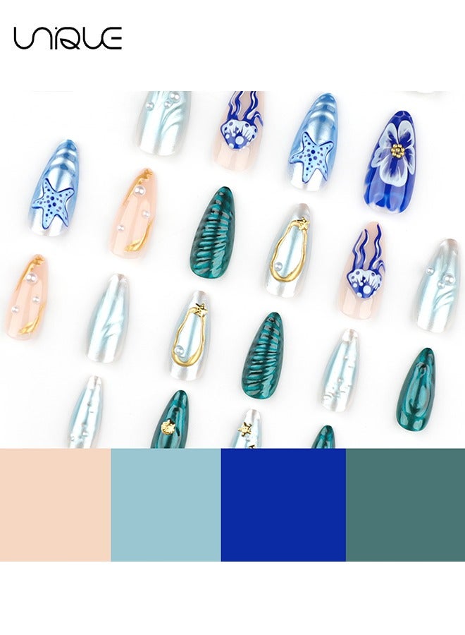 يونيك 24 قطعة أظافر مزيفة - اضغط على الأظافر - مانيكير اللوز الطويل - مانيكير نجم البحر قنديل البحر - 3D البحرية سلسلة فن الأظافر - رقعة الأظافر وهمية - Image 4