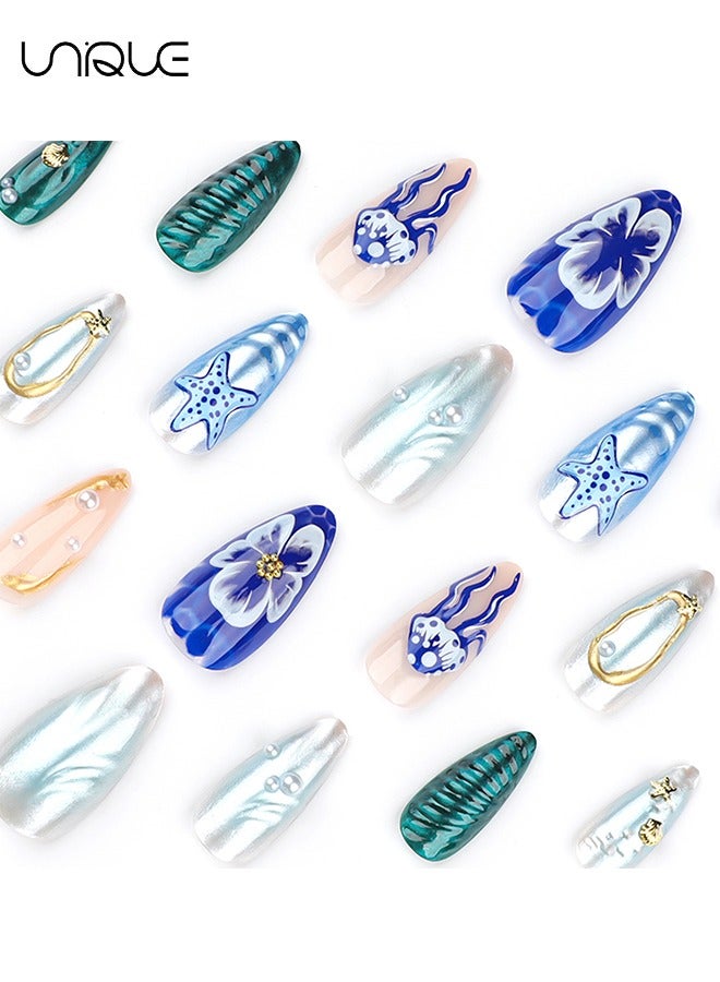 يونيك 24 قطعة أظافر مزيفة - اضغط على الأظافر - مانيكير اللوز الطويل - مانيكير نجم البحر قنديل البحر - 3D البحرية سلسلة فن الأظافر - رقعة الأظافر وهمية - Image 3