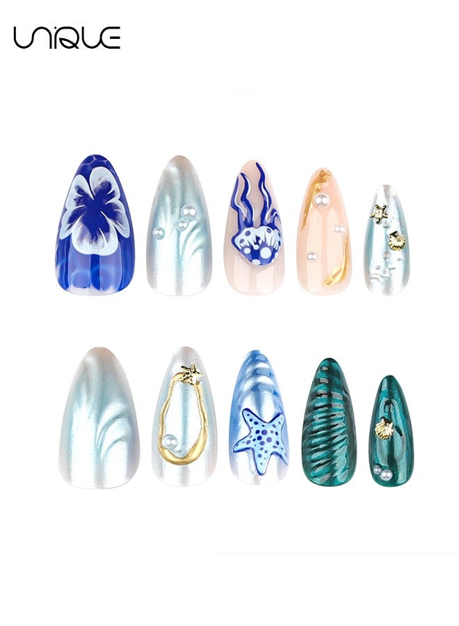 يونيك 24 قطعة أظافر مزيفة - اضغط على الأظافر - مانيكير اللوز الطويل - مانيكير نجم البحر قنديل البحر - 3D البحرية سلسلة فن الأظافر - رقعة الأظافر وهمية - Image 5