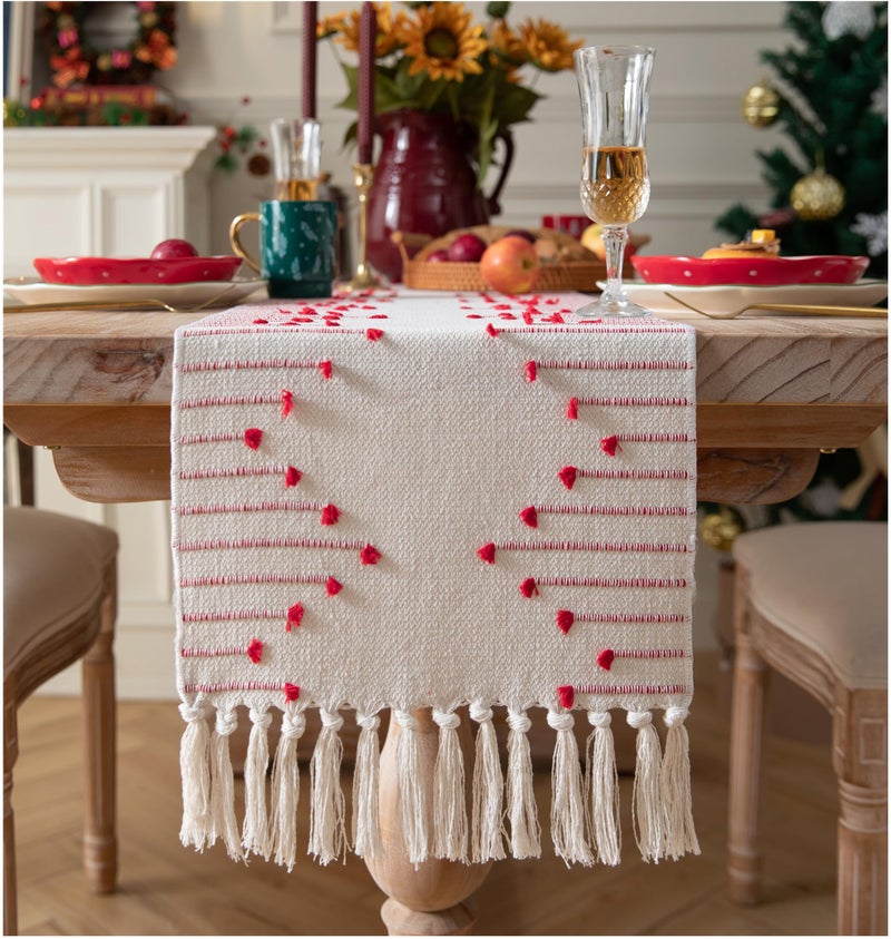 Valentines Table Runner 13 x 90 Inch Long Natural Cotton Woven Runner with Tassels for Home Dining Valentines Day Decorations for Modern Farmhouse Holiday Boho Table Runner Red and Beige
