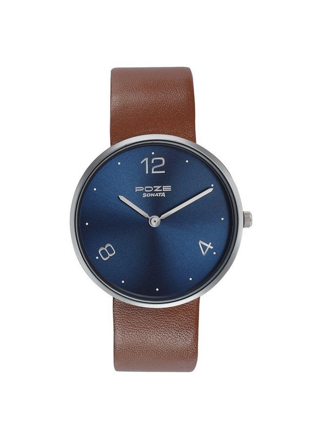 Sonata Poze Quartz Analog Blue Dial Leather Strap Watch for Men-SP70007SL01 - Image 2