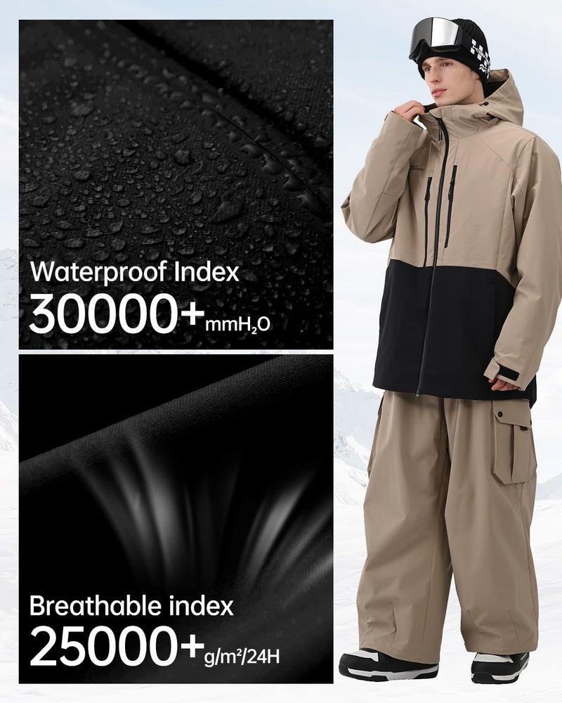 HIGH EXPERIENCE Mens Ski Jacket Snowboard 3L Coat Baggy Waterproof Windproof Warm Insulated Snow Winter Hooded (US, Alpha, Medium, Regular, Regular, Khaki Black) - Image 4