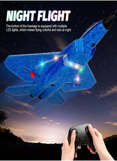 Aeroplane Remote Control Plane F-22 Raptor, 2.4Ghz 6-axis Gyro RC Airplane with Light Strip, Fighter Aeroplane Toy Gift for Kids (Blue)  - Image 2