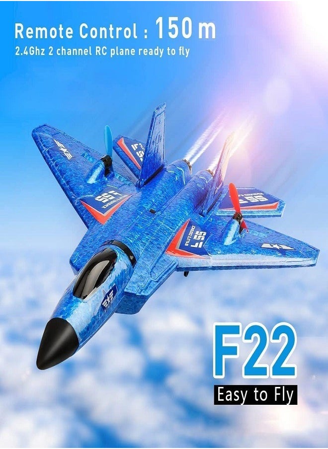 Aeroplane - Remote Control Plane F-22 Raptor, 2.4Ghz 6-axis Gyro RC Airplane with Light Strip, Fighter Aeroplane Toy Gift for Kids (Blue) - Image 1