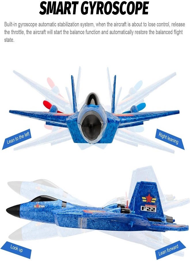 Aeroplane - Remote Control Plane F-22 Raptor, 2.4Ghz 6-axis Gyro RC Airplane with Light Strip, Fighter Aeroplane Toy Gift for Kids (Blue) - Image 1