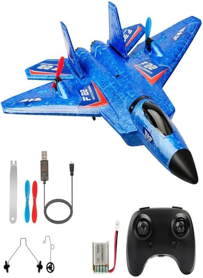 Aeroplane - Remote Control Plane F-22 Raptor, 2.4Ghz 6-axis Gyro RC Airplane with Light Strip, Fighter Aeroplane Toy Gift for Kids (Blue) - Image 1