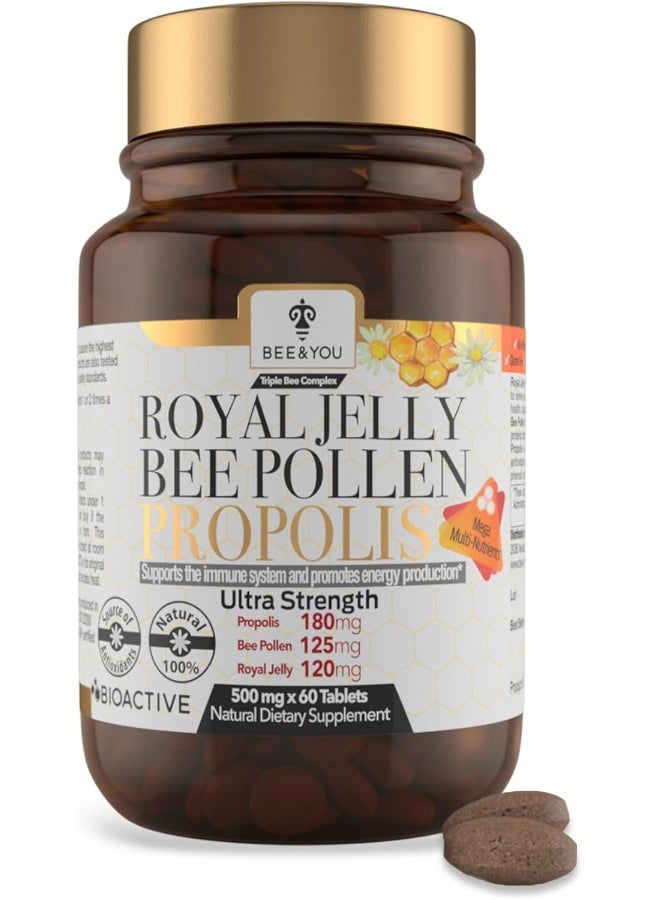 BEE & YOU Bee and You Royal Jelly Tablet, Propolis Extract, Bee Pollen, 100% Natural Superfood, Ultra Pure, Immune Support Supplement, Improve Energy, Focus, Antioxidants, Fresh, Keto, Paleo, Gluten-Free | 60ct - Image 1