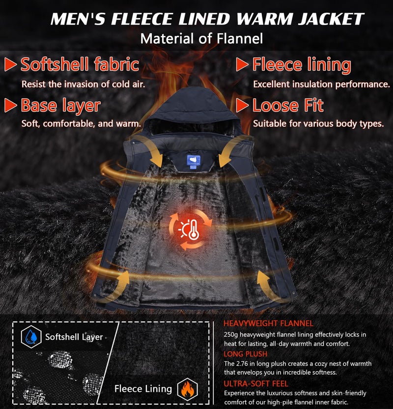 Aorga Winter Jackets Coats for Mens Waterproof Fleece Lined Ski Jackets Warm Outdoor Snow Skiing Hiking Parka Jackets Coats with Hoode Dark Blue X-Large - Image 3