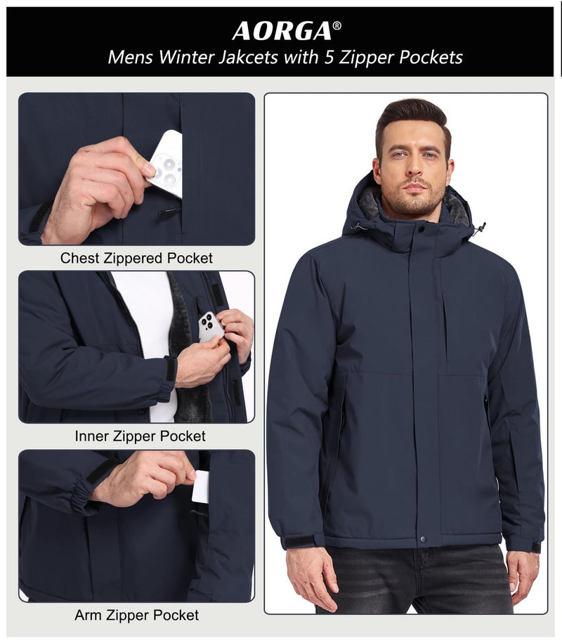 Aorga Winter Jackets Coats for Mens Waterproof Fleece Lined Ski Jackets Warm Outdoor Snow Skiing Hiking Parka Jackets Coats with Hoode Dark Blue X-Large - Image 5