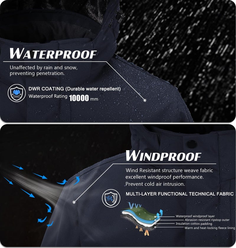 Aorga Winter Jackets Coats for Mens Waterproof Fleece Lined Ski Jackets Warm Outdoor Snow Skiing Hiking Parka Jackets Coats with Hoode Dark Blue X-Large - Image 2
