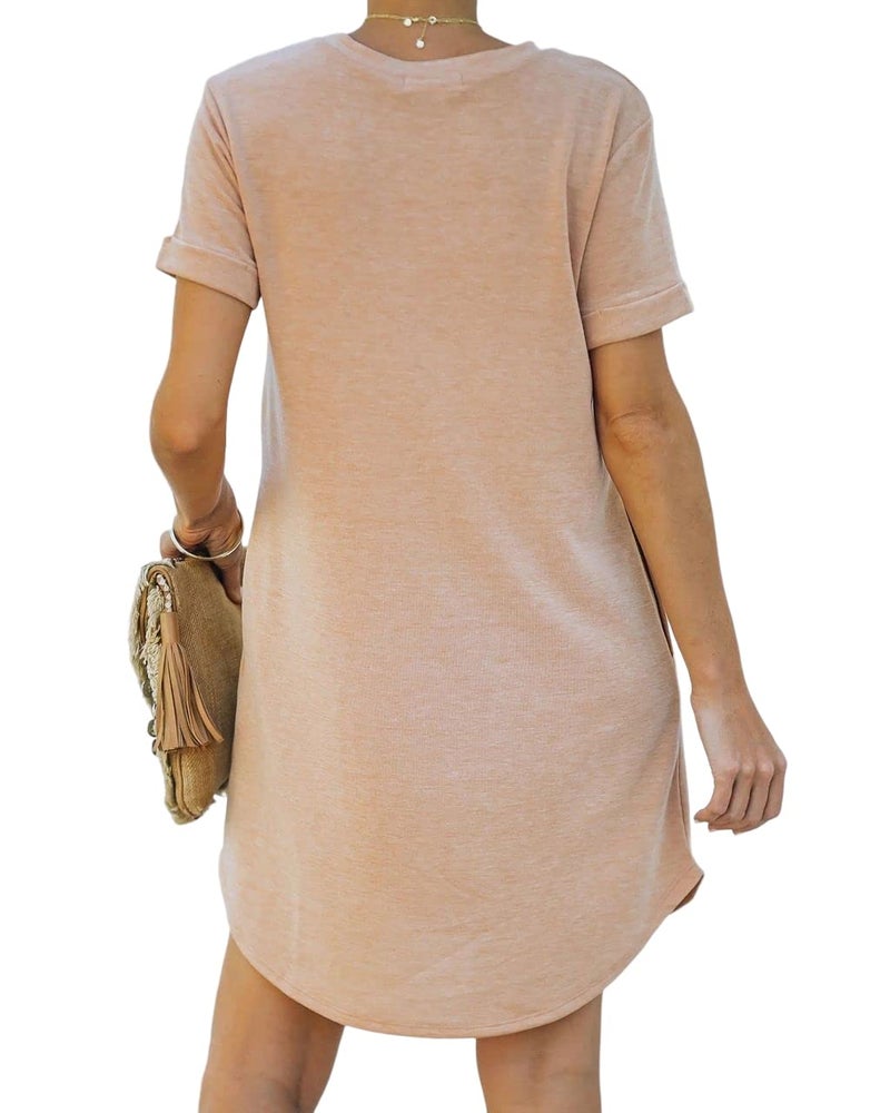 YEXIPO Women's Casual Summer Short Sleeve T Shirt Dress Nightgown Crew Neck Loose Solid Color Basic Dresses with Pockets - Image 2