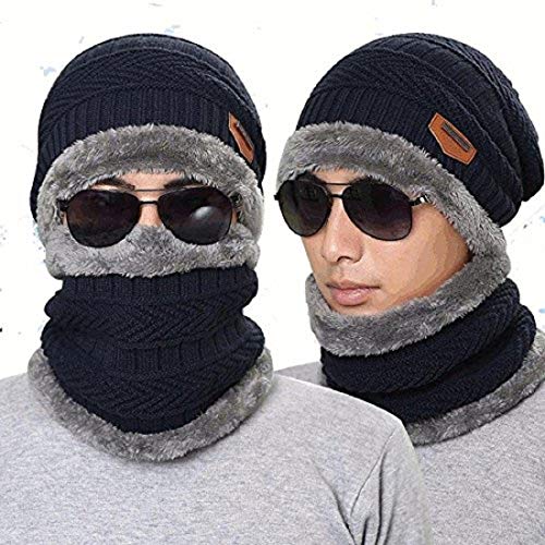 ADBUCKS Men's and Women's Snow Proof Inside Fur Wool Beanie Cap with Neck Warmer Set Knit (Blue, Free Size) - Image 4
