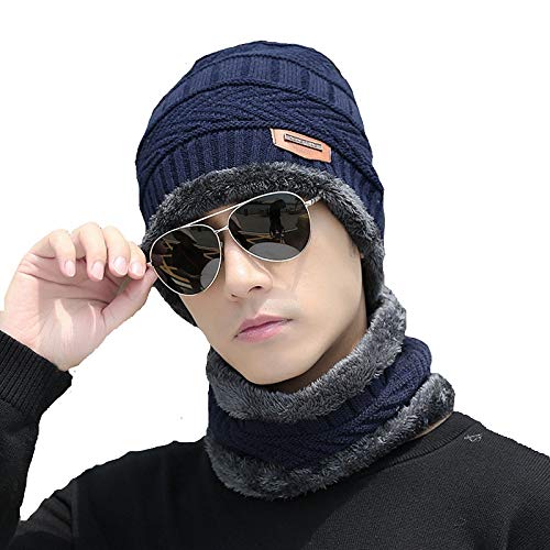 ADBUCKS Men's and Women's Snow Proof Inside Fur Wool Beanie Cap with Neck Warmer Set Knit (Blue, Free Size) - Image 1