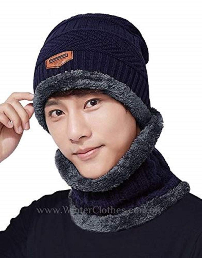 ADBUCKS Men's and Women's Snow Proof Inside Fur Wool Beanie Cap with Neck Warmer Set Knit (Blue, Free Size) - Image 3