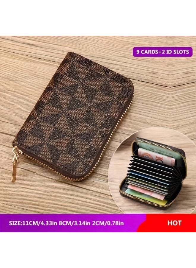 Goolsky Blocking Anti-Demagnetization 12-Slot Women's Card Holder Wallet - Retro with Plaid & Striped Design, Zipper Closure, Compact Organizer for Driver's License & IDs, High-End Niche Ins Grid Style, Polyester Lined Interior - Image 1