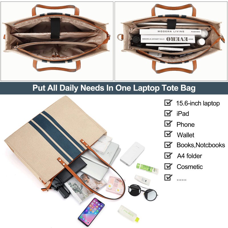 BOLOSTA Laptop Tote Bag for Women, Fits 15.6 Inch Laptop Bag, Large Canvas Work Tote Bags for Women, Computer Briefcase Shoulder Bag, Casual Beach Bag, Ideal for Travel/Daily Use/Birthday Gift - Image 4