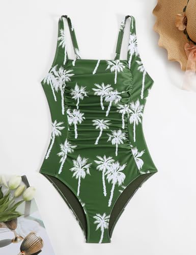 YIMISAN Women's One Piece Swimsuit Square Neck Sporty Ruched Slimming Monokini High Cut Tummy Control Bathing Suit Green Floral - Image 5
