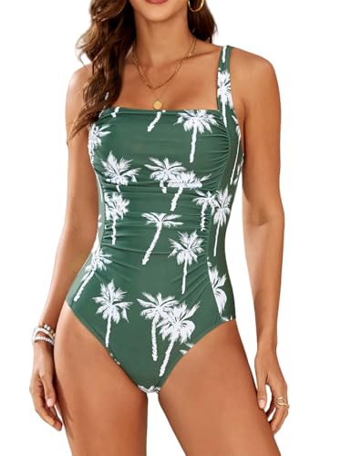 YIMISAN Women's One Piece Swimsuit Square Neck Sporty Ruched Slimming Monokini High Cut Tummy Control Bathing Suit Green Floral - Image 1