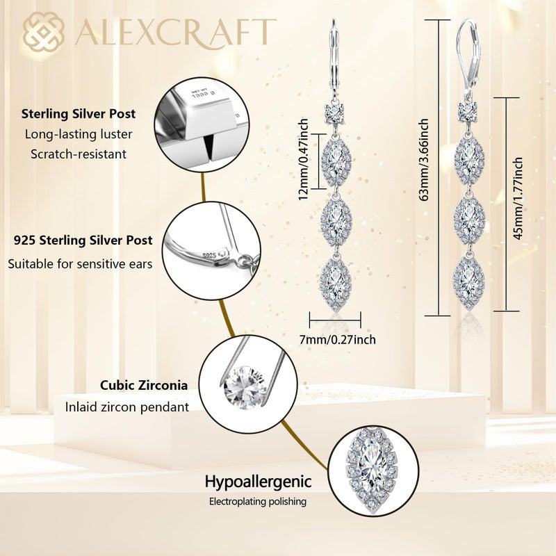 ALEXCRAFT Sterling Silver Leverback Drop Earrings, ALEXCRAFT Long Zirconia Dangle Earrings for Women Trendy Hypoallergenic 925 Sterling Silver Lightweight Dangling Teardrop Earring Brides Engagement Wedding - Image 3