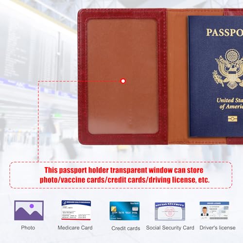TIGARI Passport Holder for Travel Women Men, PU Leather Passport Wallet Cover Case Sleeve, Waterproof Protected Document Organizer, Family Vacation Plane Cruise Travel Essentials-Red - Image 2