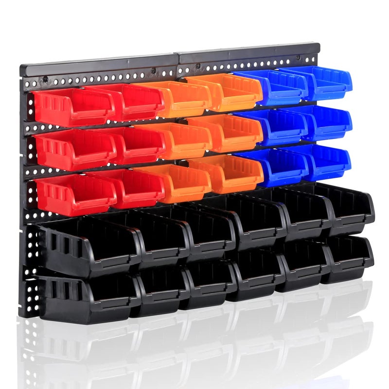 RIVTUN Wall Mounted Storage Bins Parts Rack 4 Colors Garage Plastic Shop Tool Organizer ABS Plastic Garage Rack Screw Storage 30 Bins
