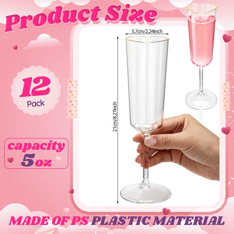 Potchen 12 Pcs Valentine's Day Heart Shape Plastic Champagne Flute Glasses with Gold Rim Gift Set 5 oz Elegant Red Cocktail Toasting Glasses Wine Cup Bulk for Wedding Bridal Birthdays Party Supplies - Image 2