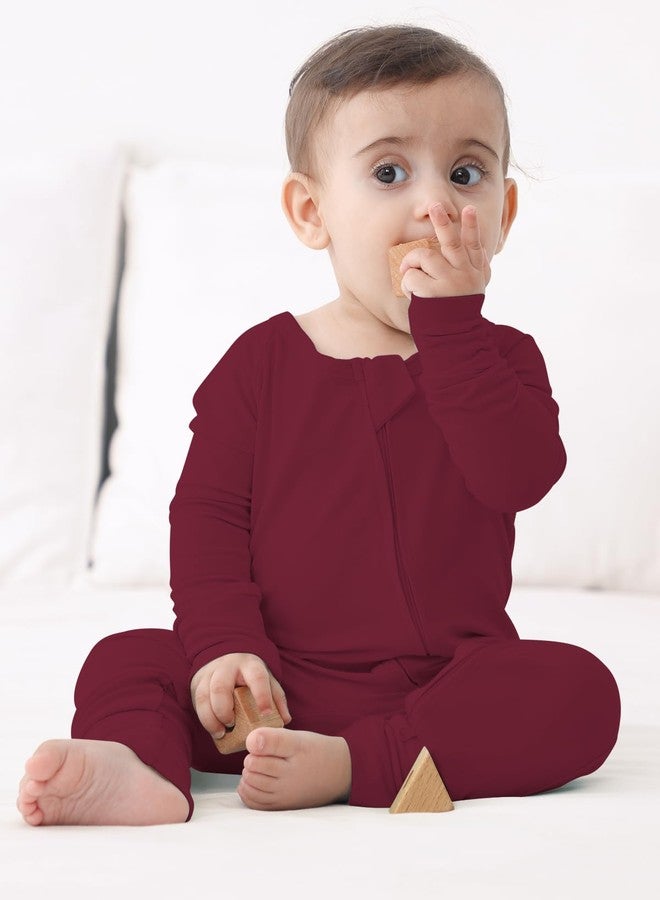 GUISBY Baby Pajamas, Cozy Long Sleeve with Double Zipper Pajamas Maroon 18-24 Months - Image 3