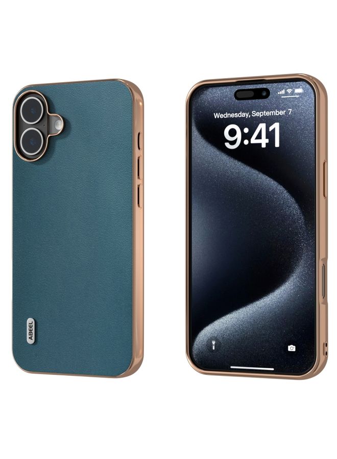 Case Cover For iPhone 16 Plus ABEEL Electroplating Frame Genuine Leather Xiaoya Series Phone Case(Dark Green)