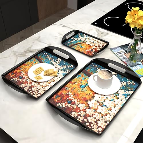 Castleite Aroma Series Melamine Trays Set of 3 with Handles for Serving Snacks or Tea – A Designer Tray for Home or Cafe Use (Hilton Tree) - Image 1