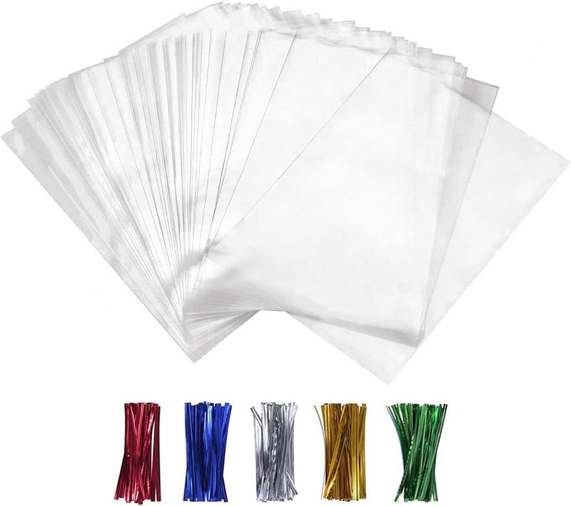XLSFPY 100PCS Cellophane Bags Clear Plastic Cello Bags 4x6 with 4" Twist Ties 5 Mix Colors - 1.4 mils Thick OPP Treat Bags for Gift Wrapping Packaging Decorations Storage (4'' x 6'') - Image 1