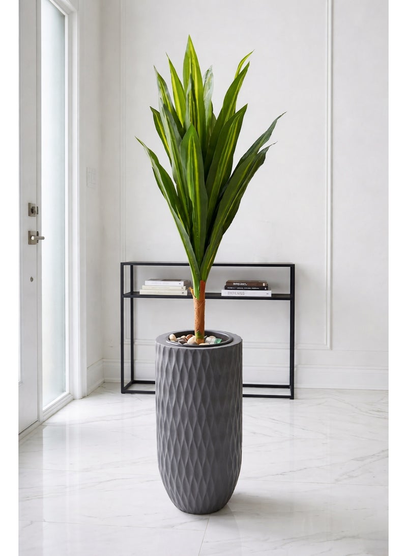 Artificial rhododendron, tall indoor decorative plant in a modern floor pot – a luxurious ornamental tree for entryways, living rooms, and offices – realistic design with a natural touch and a stylish striped pot. - Image 1