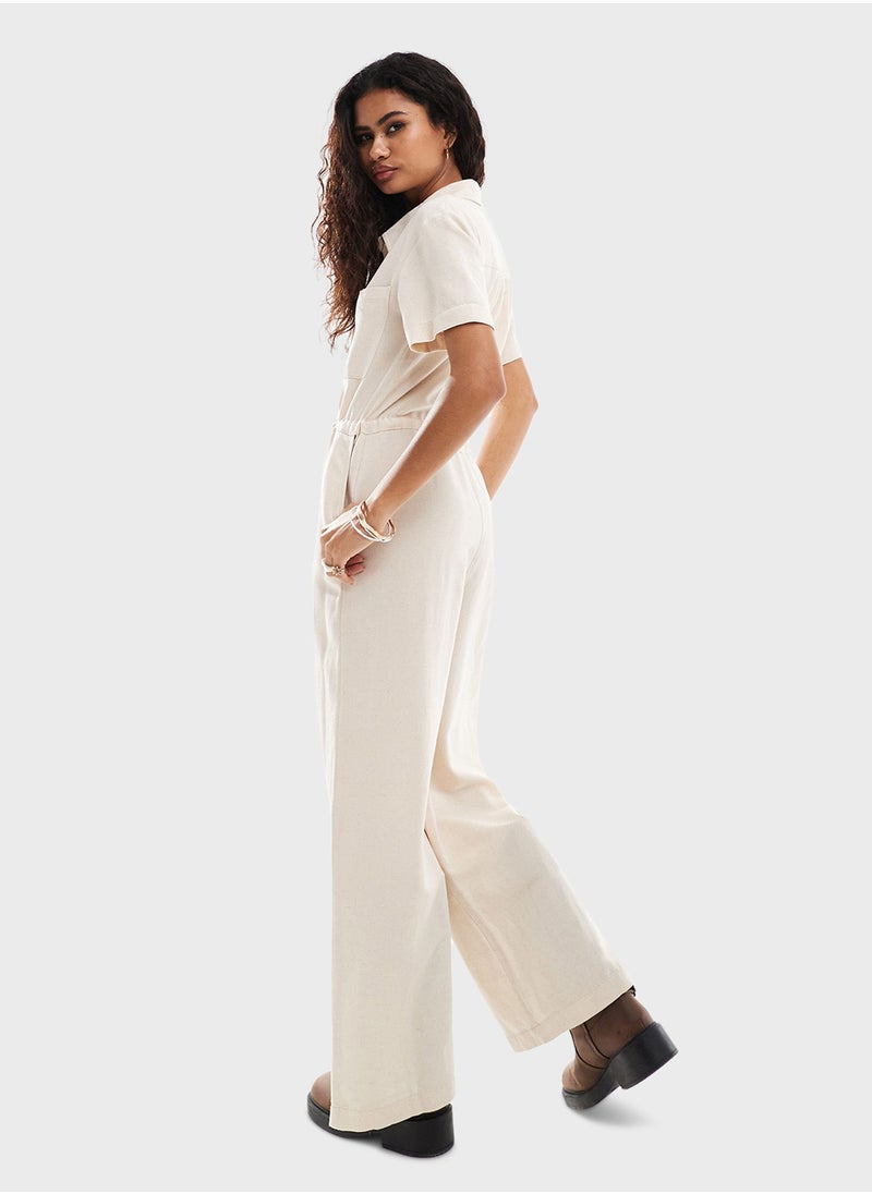 Reclaimed Vintage Drawstring Detail Linen Jumpsuit  - Image 2