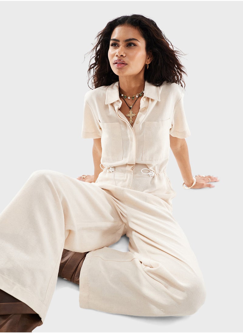 Reclaimed Vintage Drawstring Detail Linen Jumpsuit  - Image 4