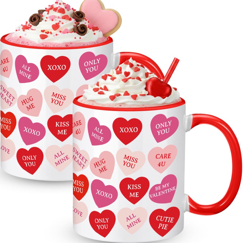 Sliner 2 Pcs Valentines Day Heart Mugs Ceramic Coffee Cups 11 oz Love Couple Mug Set for Galentine's Day Anniversary Wedding Engagement Couple Gifts(Conversation Hearts) - Image 1