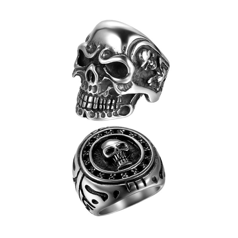 OIDEA 2Pcs Bikers Stainless Steel Gothic Skulls Ring,Black Silver, Size 8 - Image 1