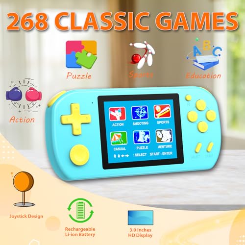 BEICO Handheld Games for Kids Adults with Built in 268 Classic Retro Video Games,3.0'' Color Screen Rechargeable Portable Arcade Gaming Player,Boys Girls Travel Electronics Toys Birthday Gift (A-Blue) - Image 2