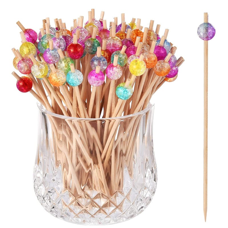 ALINK 100-Pack Cocktail Picks, Colorful Pearl Fancy Toothpicks for Appetizers, Wooden Food Picks Skewers for Food, Drinks, Fruits Party, Charcuterie Accessories - 4.72 inch - Image 1