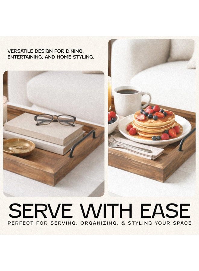 Besti Rustic Vintage Food Serving Trays (Set of 2) | Nesting Wooden Board with Metal Handles | Stylish Farmhouse Decor Serving Platters | Large: 15 x2 x11" - Small: 13 x2 x9" inches (Rustic Burnt) - Image 4