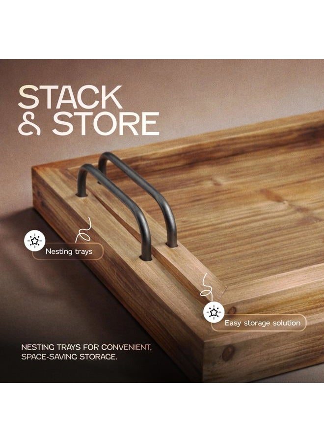 Besti Rustic Vintage Food Serving Trays (Set of 2) | Nesting Wooden Board with Metal Handles | Stylish Farmhouse Decor Serving Platters | Large: 15 x2 x11" - Small: 13 x2 x9" inches (Rustic Burnt) - Image 5