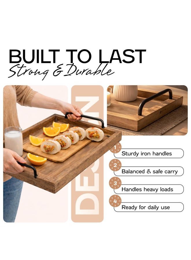 Besti Rustic Vintage Food Serving Trays (Set of 2) | Nesting Wooden Board with Metal Handles | Stylish Farmhouse Decor Serving Platters | Large: 15 x2 x11" - Small: 13 x2 x9" inches (Rustic Burnt) - Image 3
