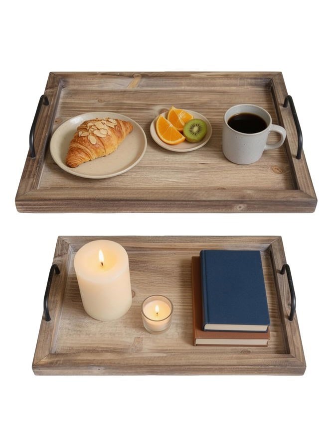 Besti Rustic Vintage Food Serving Trays (Set of 2) | Nesting Wooden Board with Metal Handles | Stylish Farmhouse Decor Serving Platters | Large: 15 x2 x11" - Small: 13 x2 x9" inches (Rustic Burnt) - Image 1