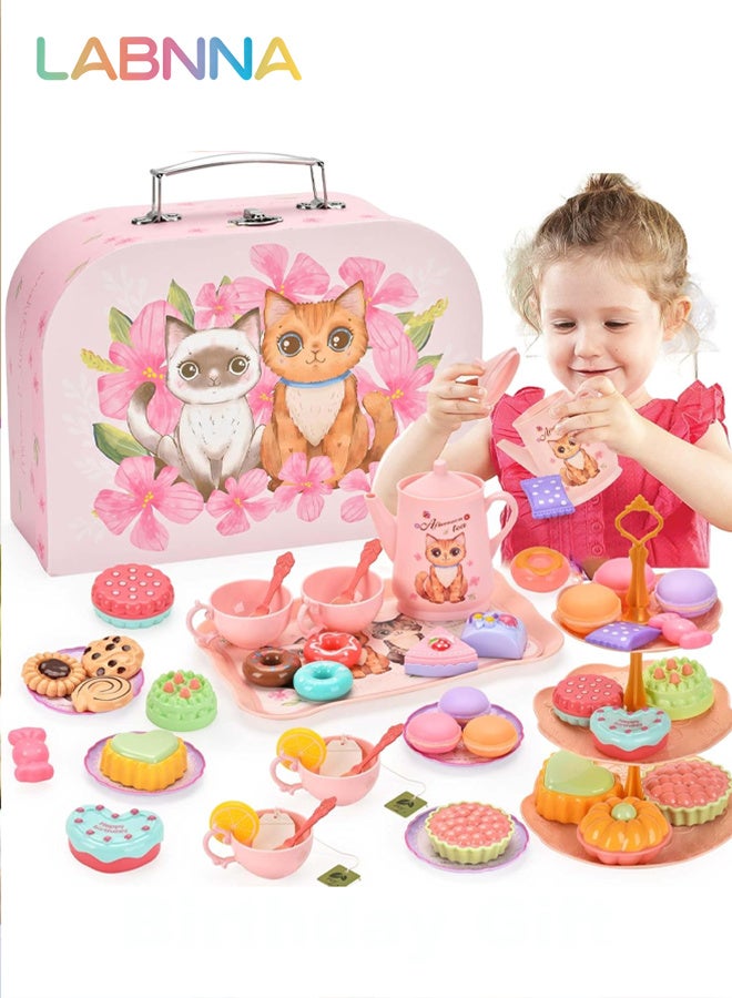 LABNNA Toddler Toys Tea Party Set for Little Girls,Pretend Play Toy Teapot Set, Princess Tea Time Play Kitchen Toy with Desserts, Carrying Case for BirthdayGifts for Kids Age 3+ - Image 2