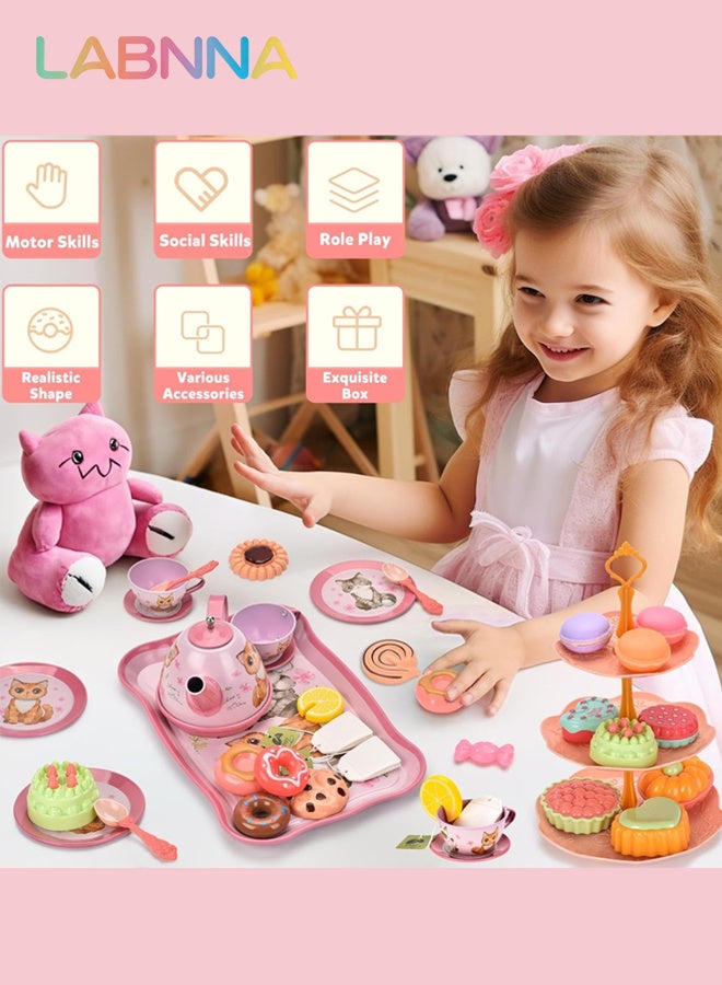 LABNNA Toddler Toys Tea Party Set for Little Girls,Pretend Play Toy Teapot Set, Princess Tea Time Play Kitchen Toy with Desserts, Carrying Case for BirthdayGifts for Kids Age 3+ - Image 4