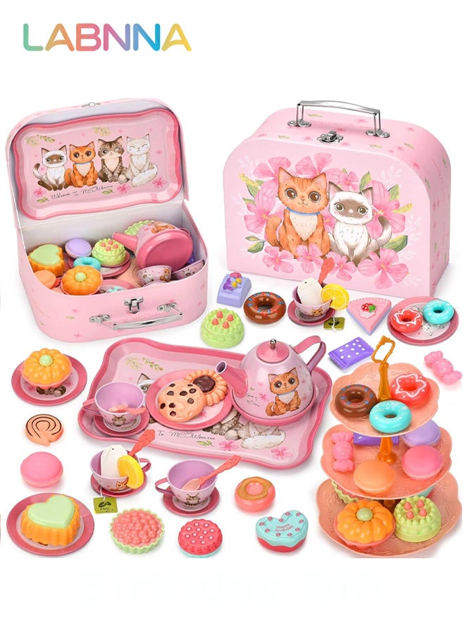 LABNNA Toddler Toys Tea Party Set for Little Girls,Pretend Play Toy Teapot Set, Princess Tea Time Play Kitchen Toy with Desserts, Carrying Case for BirthdayGifts for Kids Age 3+ - Image 1