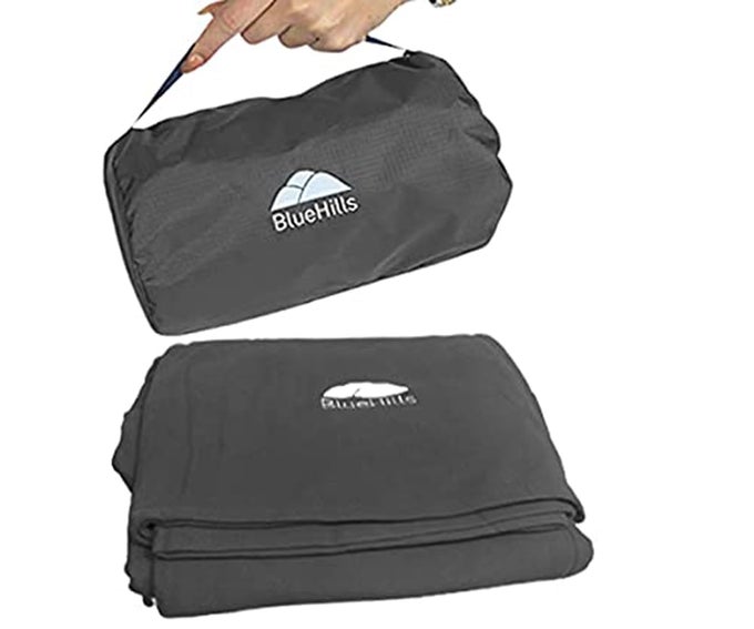 ULTRA COMPACT TRAVEL BLANKET PILLOW IN PORTABLE BAG CASE SOFT 70 X 56 WITH STRAP BACKPACK CLIP PREMIUM COZY SOFT COMPACT PACK LARGE BLANKET FOR AIRPLANE FLIGHT LAYOVER GREY GRAY C002