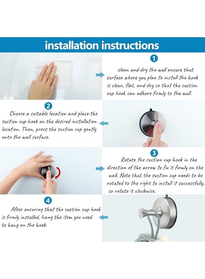 DGYB DGYB Suction Cup Hooks for Shower 2-Pcs Heavy-Duty 15LB Max Load, 304 Stainless Steel & PVC, No Drill Bathroom Wall Hooks for Towels, Robe, Loofah (Brush)  - Image 5