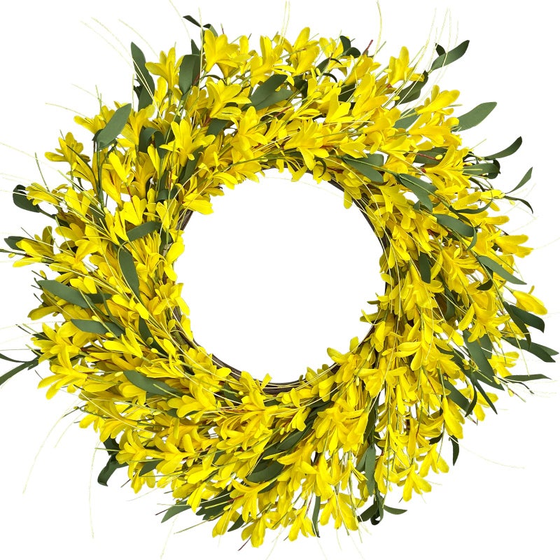 LOKEISNA Yellow forsythia Door Wreath, 24 Inch Summer Wreaths for Front Door Outside, Hand Made Artificial Forsythia Flower Wreath for Front Door Window Wall Farmhouse Home Gift - Image 1