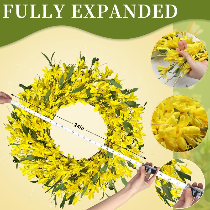 LOKEISNA Yellow forsythia Door Wreath, 24 Inch Summer Wreaths for Front Door Outside, Hand Made Artificial Forsythia Flower Wreath for Front Door Window Wall Farmhouse Home Gift - Image 2