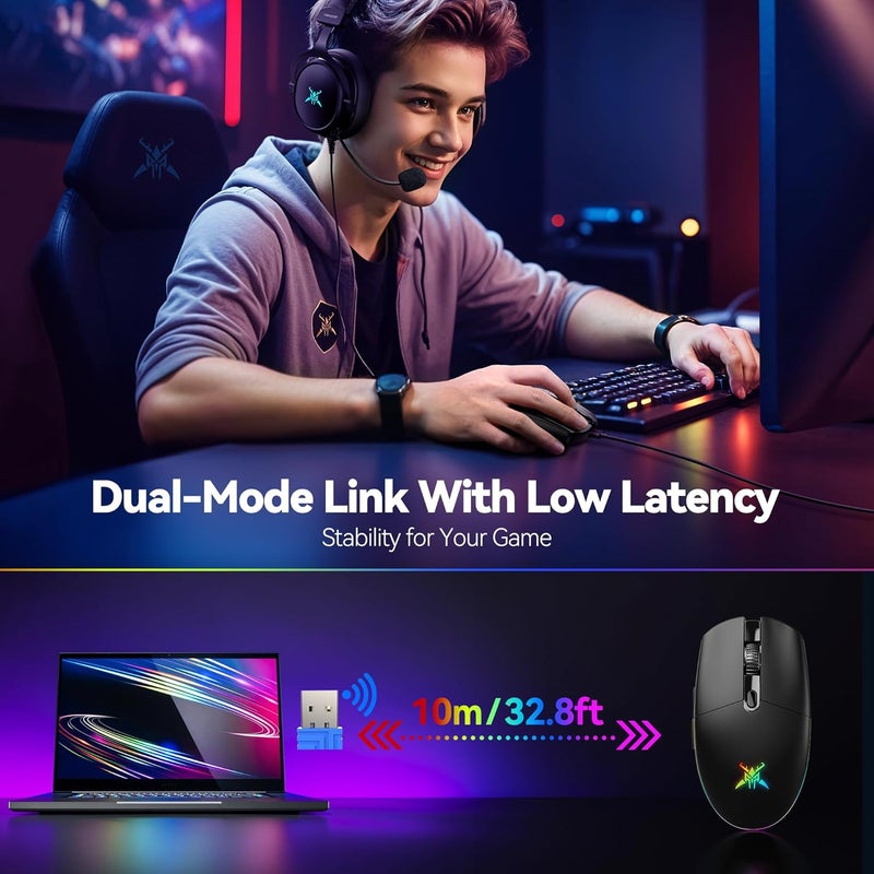 TECKNET Wireless Gaming Mouse - 8000 DPI, RGB Backlit, 6 Programmable Buttons, 100Hrs Battery Life, Dual Mode [2.4G & USB-C] for Laptop,PC,Mac - Black - Image 3